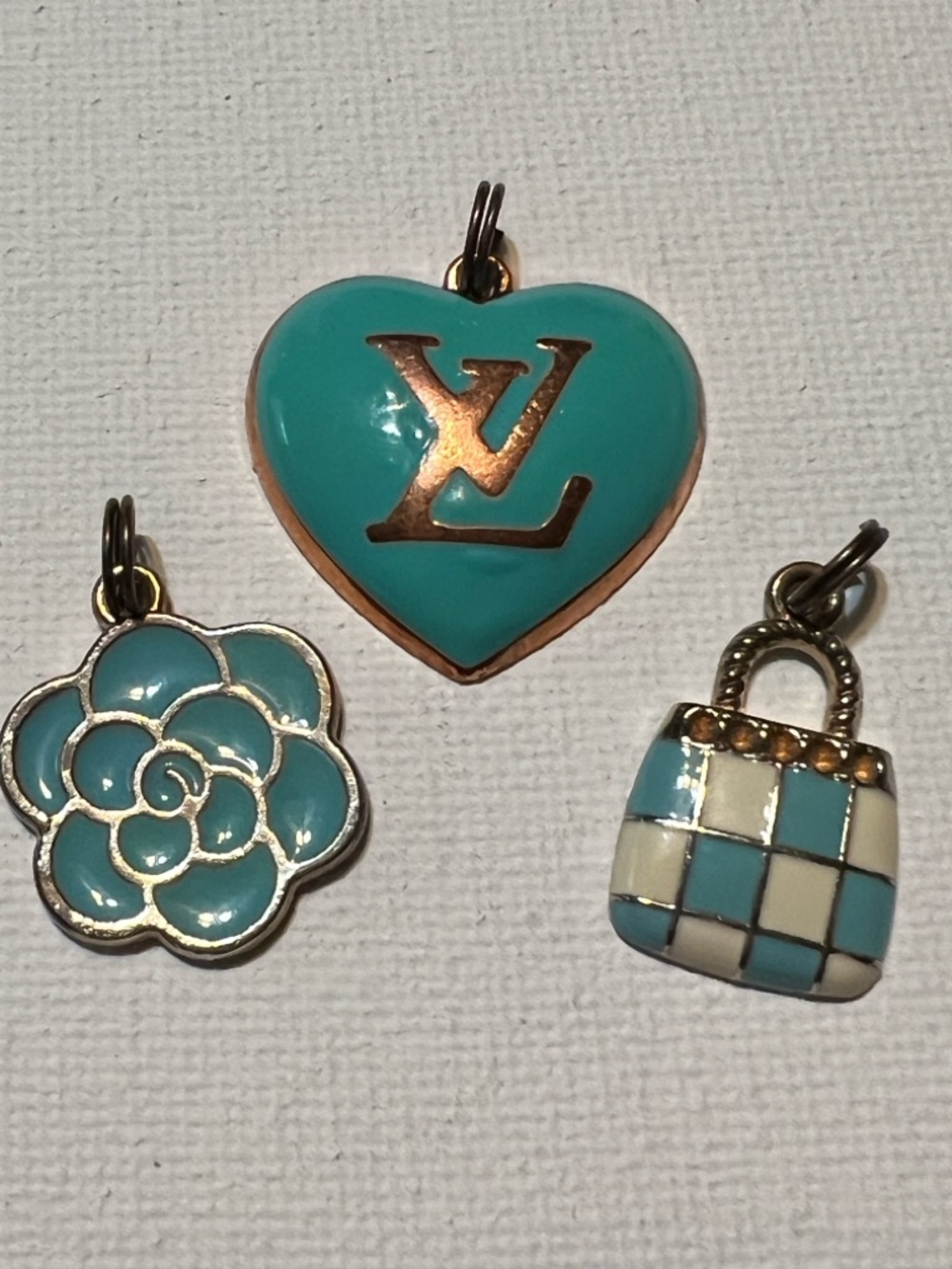 Turquoise Blue Enamel Heart, Blue Camellia Flower & Checkered Bag Charms Set